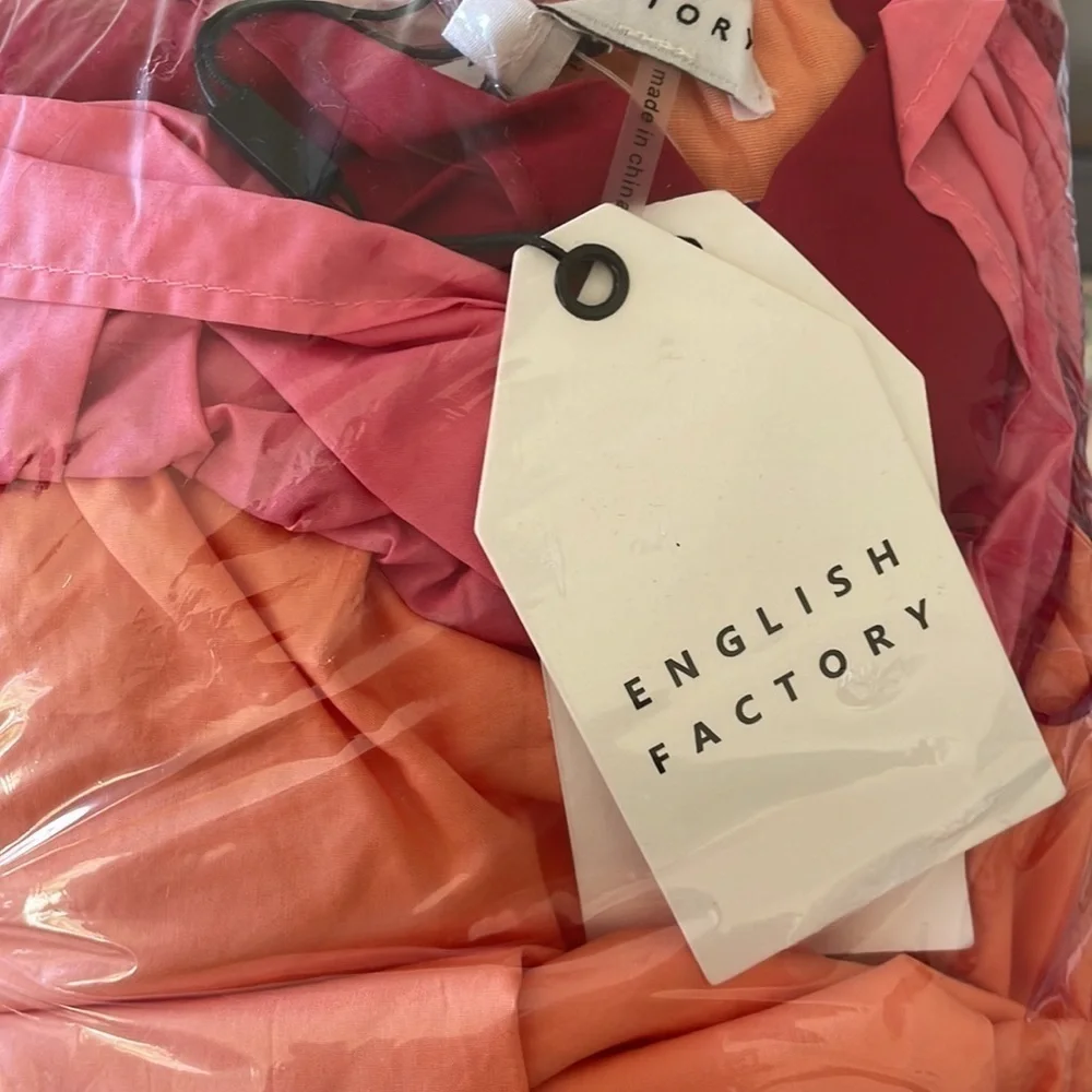 English Factory Pink, Orange, Red Off the Shoulder Maxi Dress